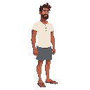 side on view, man wearing a button up t-shirt, shorts, and flipflops like he is going to the beach