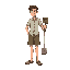 side on view, man wearing a button up t-shirt, shorts, and flipflops like he is going to the beach, holding a metal detector and shovel