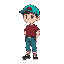 16-bit super nintendo earthbound-style short white male with turquoise cap, maroon shirt, denim pants and black shoes