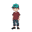 16-bit super nintendo earthbound-style short white male with turquoise cap, maroon shirt, denim pants and black shoes