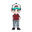 16-bit super nintendo earthbound-style short white male with turquoise cap, maroon shirt, denim pants and black shoes