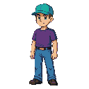 16-bit super nintendo earthbound-style white male with turquoise cap, dark purple shirt, denim pants and black shoes