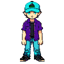 16-bit super nintendo earthbound-style white male with turquoise cap, dark purple shirt, denim pants and black shoes