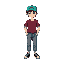 16-bit super nintendo earthbound-style short white male with turquoise cap, maroon shirt, denim pants and black shoes