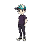 16-bit super nintendo earthbound-style white male with turquoise baseball cap, dark purple shirt, dark grey pants and black shoes