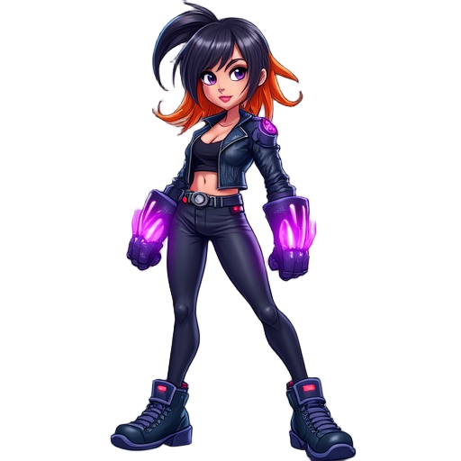 futuristic female fighter with black-orange hair, violet eyes, leather jacket, glowing red and blue gauntlets, punching fists to activate a purple aura.