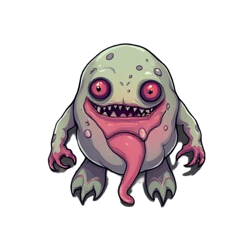 grotesque cartoonish blob creature made of fleshy cells and slime, mutated lab experiment, eerie but stylized, top-down 2d sprite, clean outline, transparent background