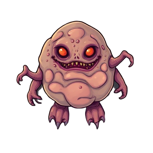 grotesque cartoonish blob creature made of fleshy cells and slime, mutated lab experiment, eerie but stylized, top-down 2d sprite, pixel, no body parts