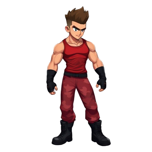 a muscular male fighter with a brown flat top haircut, wearing a red camouflage tank top and red camo pants, black combat boots, and fingerless gloves.