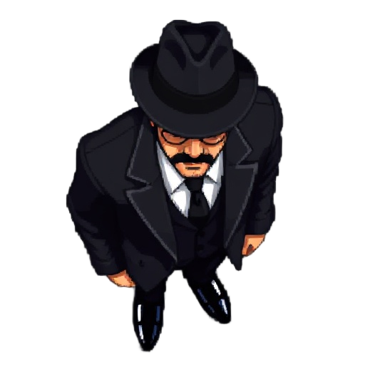 overhead/birdseye top-down pixelated sprite of a mafia gangster wearing a black suit and a fedora