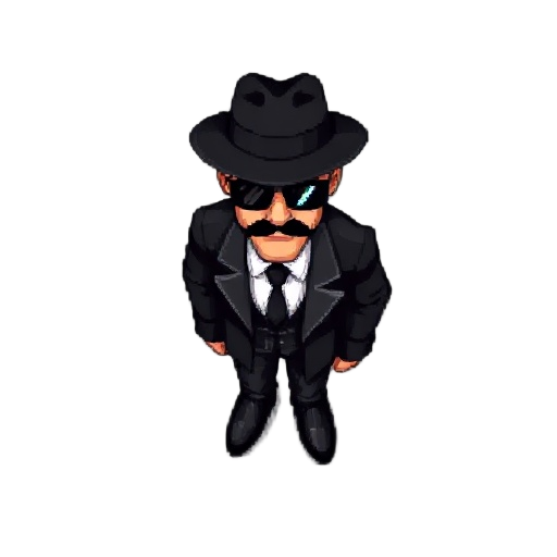 top-down/tds pixelated sprite of a mafia gangster wearing a black suit and a fedora