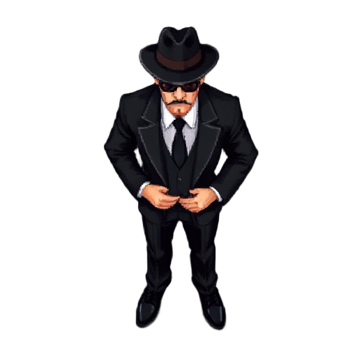 overhead/birdseye top-down pixelated sprite of a mafia gangster wearing a black suit and a fedora