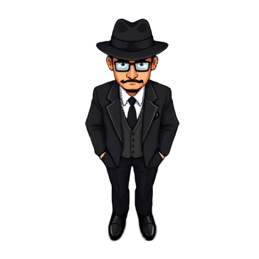 overhead/birdseye top-down pixelated sprite of a mafia gangster wearing a black suit and a fedora
