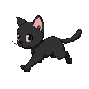 small black cat with white eyes and white ear fluff running right, side view