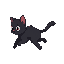 small black cat with pure white eyes and pure white ear fluff running right, side view