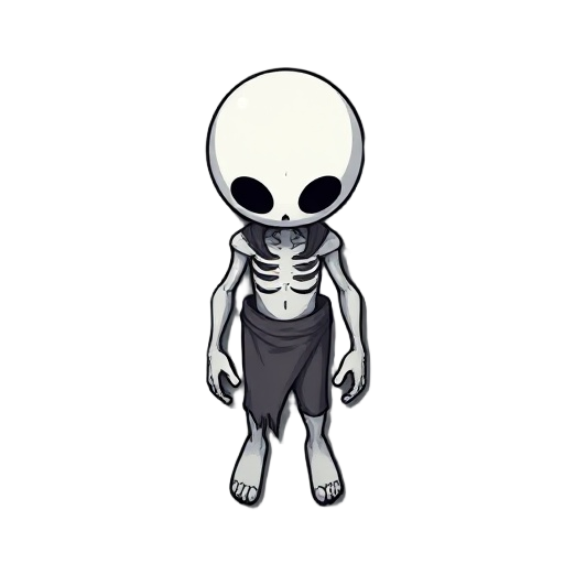 a dying character with big circlular white head