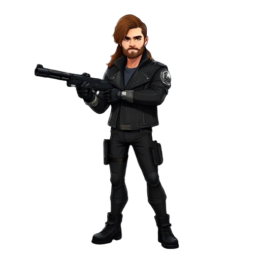 generate a man with long brown hair, black leather jacket, black leather pants, black boots, mechanical right arm, and holding a short double barrel shotgun