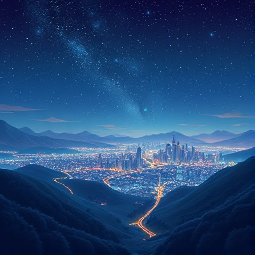 a landscape during night with starry sky, a close city in the back and cool lights from it