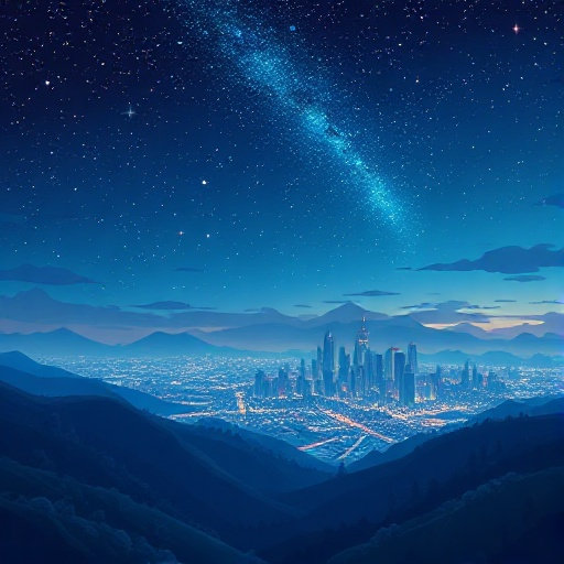 a landscape during night with starry sky, city in the back