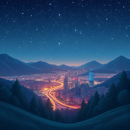 a landscape scene during night with starry sky, of a close city and cool lights from it