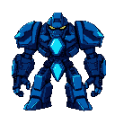 "create a highly detailed pixelated character sheet of a massive blue robot in dark futuristic style. the robot looks intimidating and scary, with a glowing blue crystal in the middle of its chest as its power core. it has two black, angry eyes (one on th
