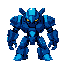 "create a highly detailed pixelated character sheet of a massive blue robot in dark futuristic style. the robot looks intimidating and scary, with a glowing blue crystal in the middle of its chest as its power core. it has two black, angry eyes (one on th