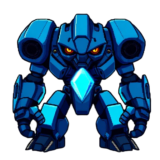 "create a highly detailed pixelated character sheet of a massive blue robot in dark futuristic style. the robot looks intimidating and scary, with a glowing blue crystal in the middle of its chest as its power core. it has two black, angry eyes (one on th
