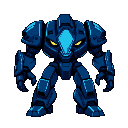 "create a highly detailed pixelated character sheet of a massive blue robot in dark futuristic style. the robot looks intimidating and scary, with a glowing blue crystal in the middle of its chest as its power core. it has two black, angry eyes (one on th