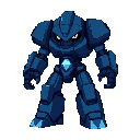 "create a highly detailed pixelated character sheet of a massive blue robot in dark futuristic style. the robot looks intimidating and scary, with a glowing blue crystal in the middle of its chest as its power core. it has two black, angry eyes (one on th