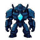 "create a highly detailed pixelated character sheet of a massive blue robot in dark futuristic style. the robot looks intimidating and scary, with a glowing blue crystal in the middle of its chest as its power core. it has two black, angry eyes (one on th