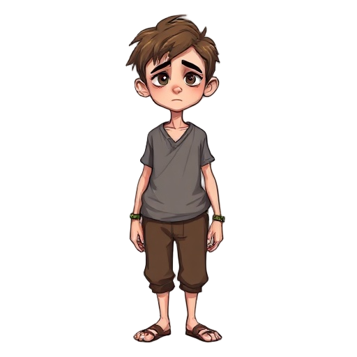  94   prompt pale young adult human, malnourished thin build, short messy brown hair, tired sunken eyes with dark circles, wearing simple gray tunic and brown pants, small metal id bracelet on left wr