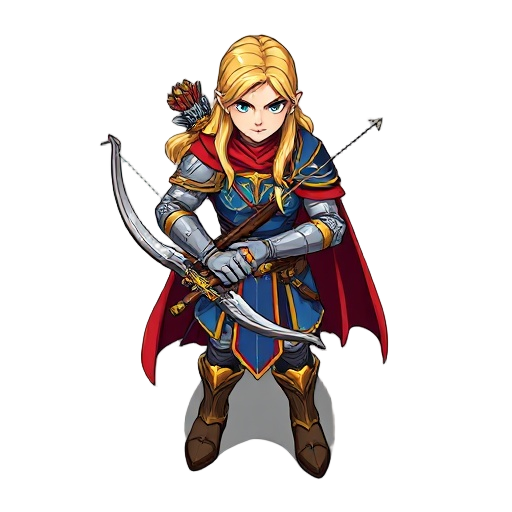 archer with long blond hair, blue and gold armor, red cape, holding a large crossbow diagonally, standing confidently in a top-down rpg style with sharp pixel lines and fantasy detailing 