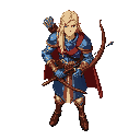 archer with long blond hair, blue and gold armor, red cape, holding a large crossbow diagonally, standing confidently in a top-down rpg style with sharp pixel lines and fantasy detailing 