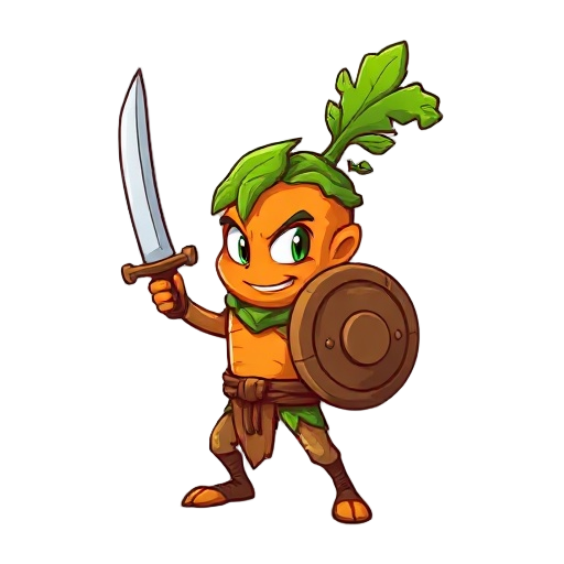 cartoon carrot warrior with sword and round wooden shield, leafy green hair, expressive eyes, bark armor, heroic pose, 2d sprite style, bold outlines, cel shading, perfect for platformer game character, transparent background.
