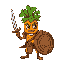 cartoon carrot warrior with sword and round wooden shield, leafy green hair, expressive eyes, bark armor, heroic pose, 2d sprite style, bold outlines, cel shading, perfect for platformer game character, transparent background.