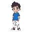 a young boy with a blue t-shirt and white pants in the style of undertale or deltarune