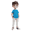 a young boy with a blue t-shirt and white pants