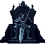 tall man, low perspective as if we were at his feet, he is a gothic and cyberpunk type knight, he is sitting in a huge throne, a gigantic sword is placed on him, pixel art, dark science fiction, dark