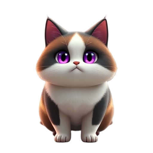 a chubby three-colored cat, with purple eyes and a silky eye, key visual, epic composition, rule of thirds, dynamic pose, isometric view, highly detailed, hyper-detailed, ultra sharp focus, volumetric lighting, 4k, 8k, hdr, ray tracing reflections, dramat