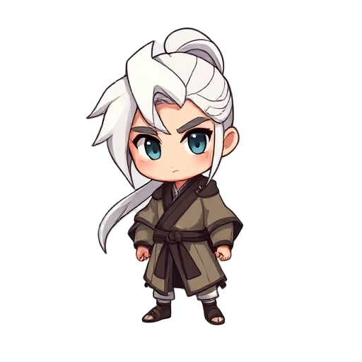 young male chibi warrior with white long hair in ponytail wearing robe