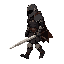 side view dead cells style, armored with rust, closed helm, cape flowing, longsword held down, walking motion to right, 7 colors (black, dark/med/light gray, rust/dark brown, beige), transparent bg, sharp pixels