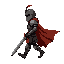 character: side view dead cells style, armored with rust, closed helm, cape flowing, longsword held down, walking motion right to left, 7 colors (black, dark/med/light gray, rust/dark brown, beige), transparent bg, sharp pixels