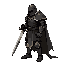 side view dead cells style, heavily armored with rust/scratches, closed helm, right leg forward/grounded, left leg back/bent, longsword down in right hand, long tattered cape flowing back, 7 colors (black, dark/med/light gray, rust/dark brown, beige), tra