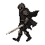 continue the walking motion of the seed shared of the character: side view dead cells style, armored with rust, closed helm, cape flowing, longsword held down, walking motion right to left, 7 colors (black, dark/med/light gray, rust/dark brown, beige), tr
