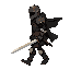 character: side view dead cells style, armored with rust, closed helm, cape flowing, longsword held down, walking motion left to right, 7 colors (black, dark/med/light gray, rust/dark brown, beige), transparent bg, sharp pixels