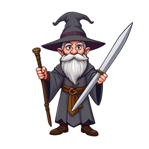 a wizard with a pointy hat, gray robes, a wooden staff and a long sword