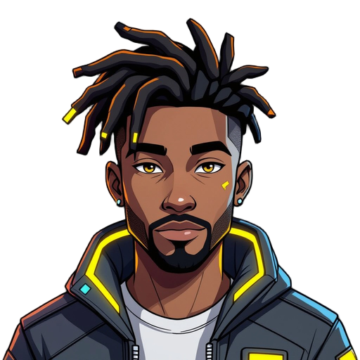 cyberpunk male human, 2.5d game style, facing forward, calm confident face, stylized eyes, short side-fade dreadlocks with yellow tips, skin #bb7867, techwear jacket with cyan-yellow glow, clean design