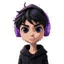 generate skinny guy with dishevelet darkhair black eyes with black knee-length cardigan with hood on head. he looks unamused has pastel very intense violet headphones