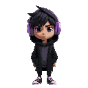 generate skinny guy with dishevelet darkhair black eyes with black knee-length cardigan with hood on head. he looks unamused has pastel very intense violet headphones