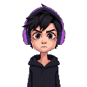 generate skinny guy with dishevelet darkhair black eyes with black knee-length cardigan with hood on head. he looks unamused has pastel very intense violet headphones